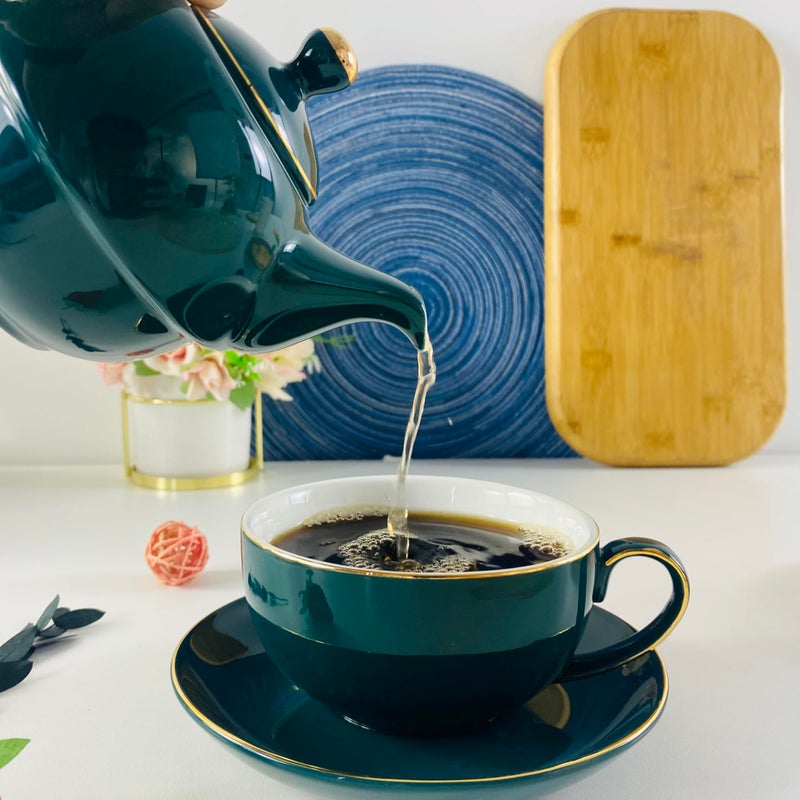 Eplze YBK Tech Ceramic Tea for One Set, 12oz Teapot and 8.2oz Cup with Saucer (Peacock Green) - Image 5